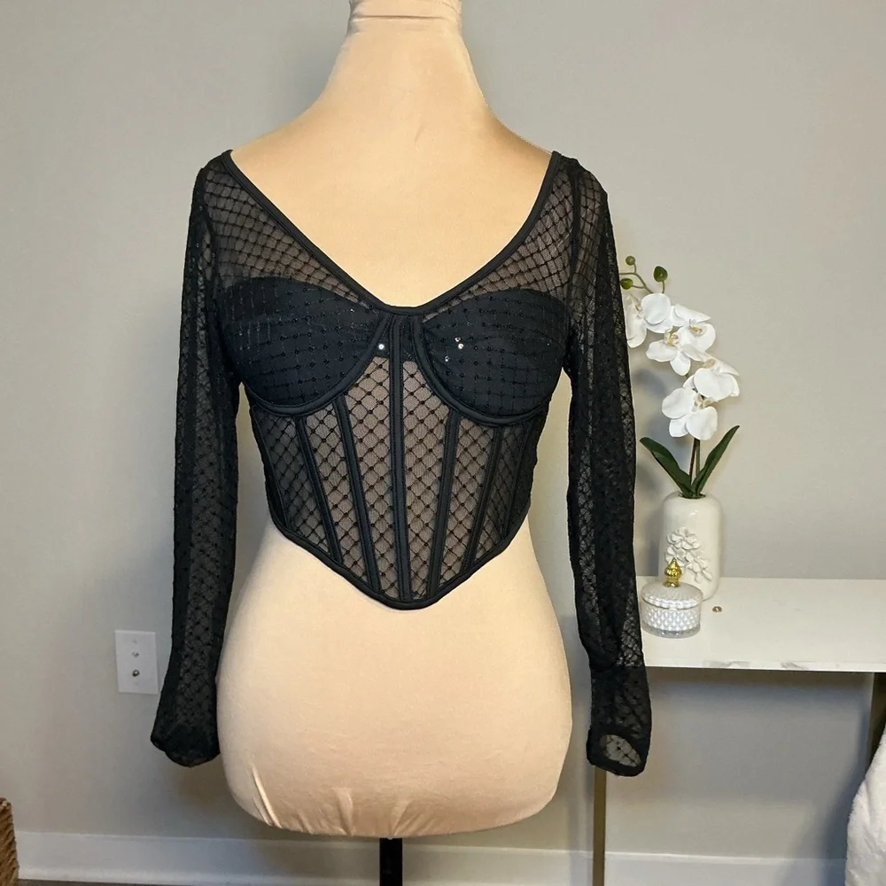 Black Sheer Long Sleeve Corset Top - Picture 2 of 7